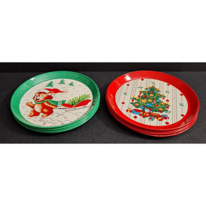 12 Vtg Metal Christmas Drink Coasters Christmas Tree, Bear W/ Sleigh 6 each